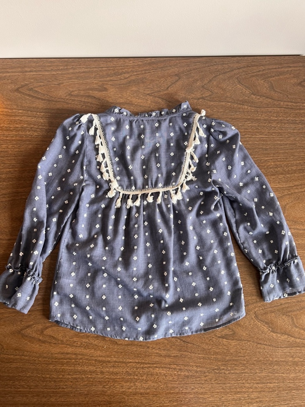Maeve Anthropologie Boho Blouse XS Blue Embroidered Tassel Tie Top Small Flaw - Picture 3 of 10